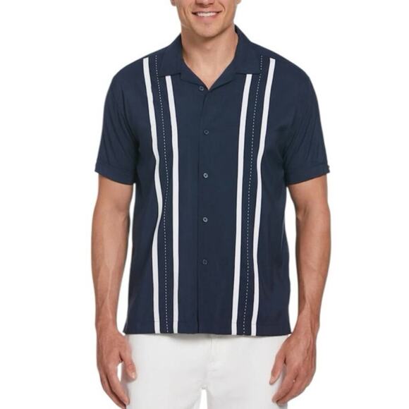 Cubavera Contrast Panel Camp Collar Shirt Navy Blue White Short Sleeve Size 2X - Picture 1 of 13